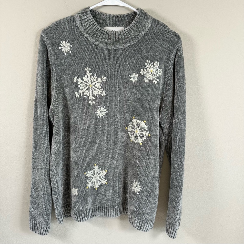 Alfred Dunner Gray Chenille Sweater Medium Snowflake Holiday Christmas Festive